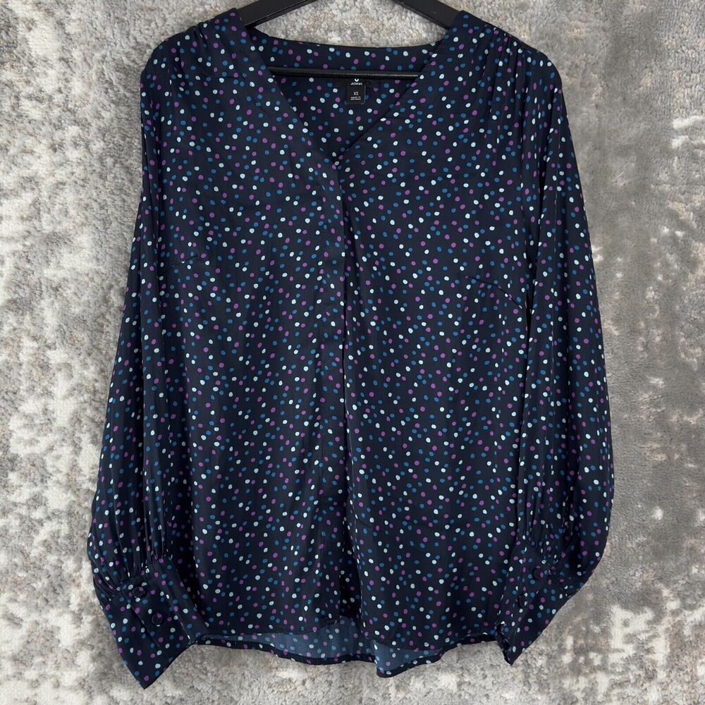 Jason Wu Womens Size XS Polka Dot Top Navy‎ Long Sleeve V Neck Casual